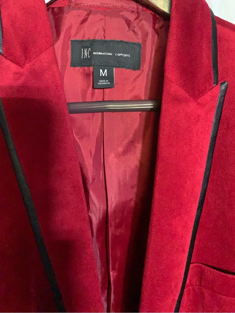 INC International Concepts Medium Size Red Velvet Blazer with Black Trim